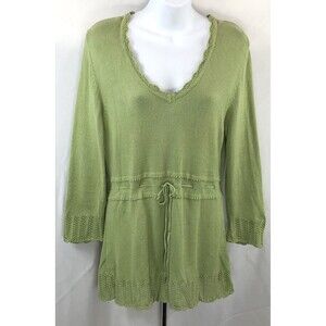 Vintage Studio 1940 Crochet Tunic Sweater M Green Tie Waist V-Neck Cottage Fairy